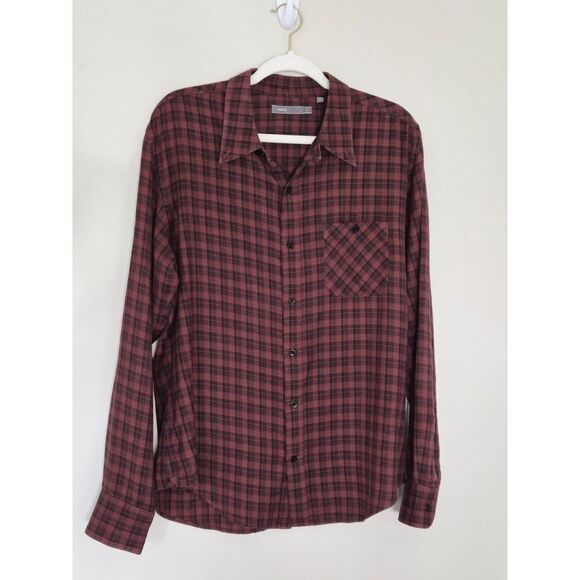 Vince Dressy Mens Large Plaid Button Down Long Sleeve Shirt Casual Burgundy - Picture 1 of 7